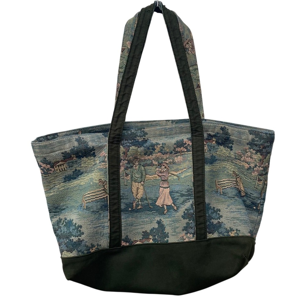 Vintage Tapestry Tote Bag Golf Scene Canvas Green Large‎ Picnic 90s Cottagecore